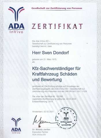 ADA Zertifizierung Kfz-Sachverständiger - gültig bis 2024.